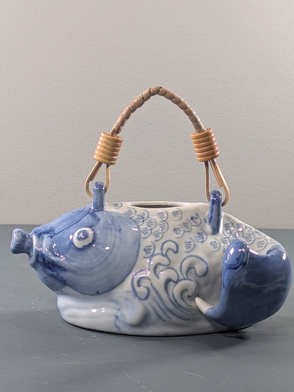 Hand Painted Blue and White ceramic Chinese Koi Fish teapot, plant watering can